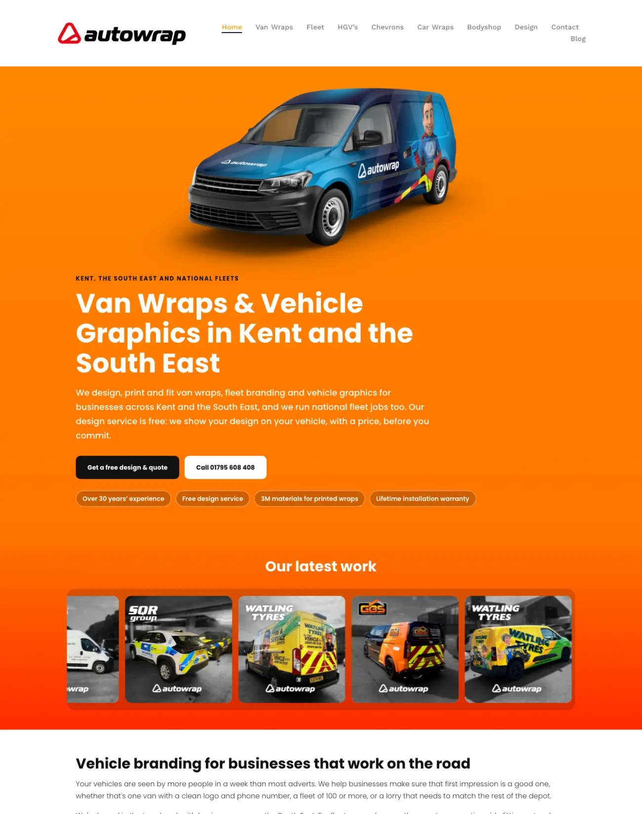 Home page of the Autowrap website with the branded van, main menu and free design offer