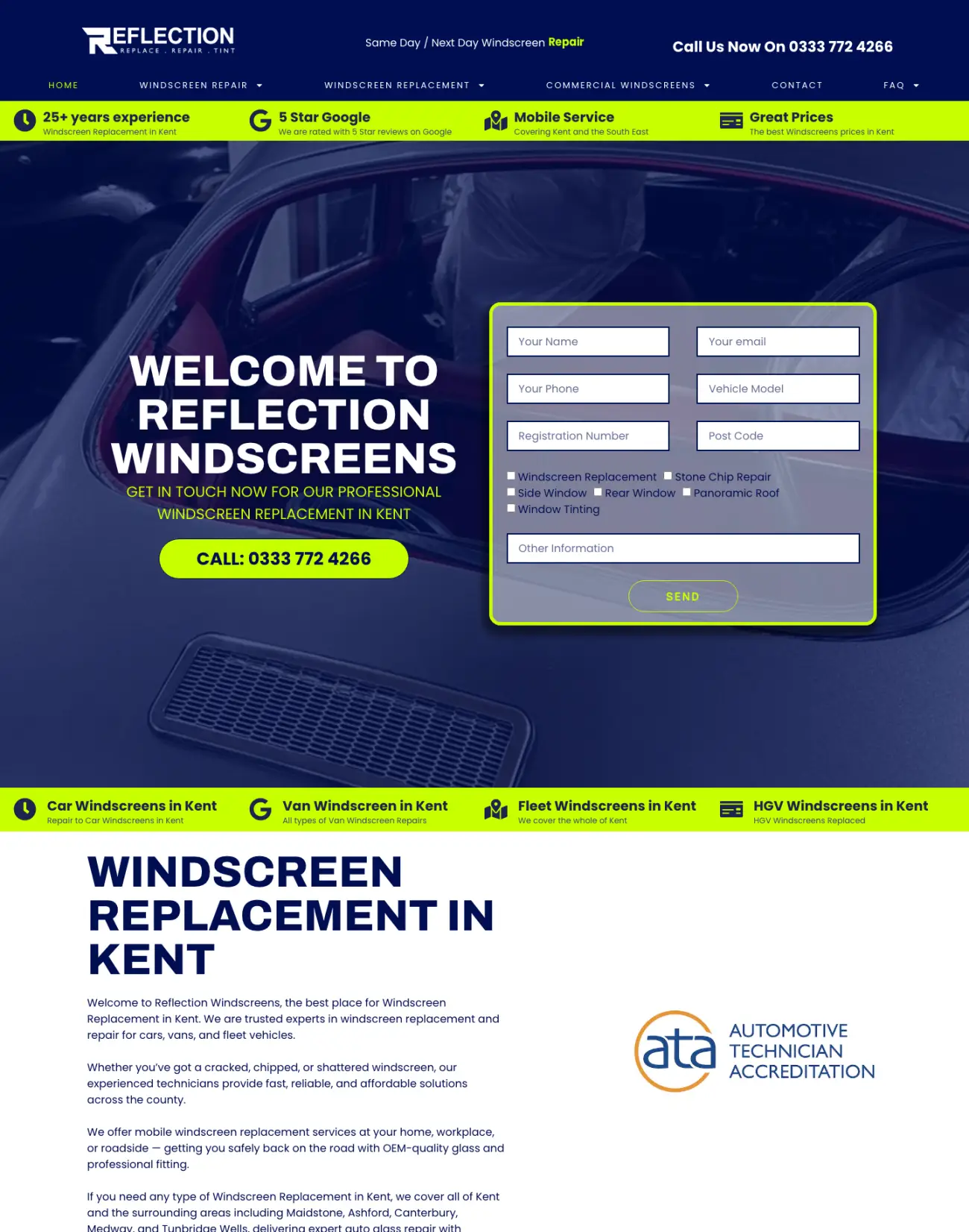 Home page of the Reflection Windscreens website with the quote form