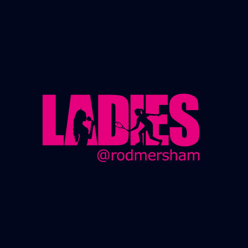 Ladies @rodmersham logo in pink with a woman holding a drink and a squash player