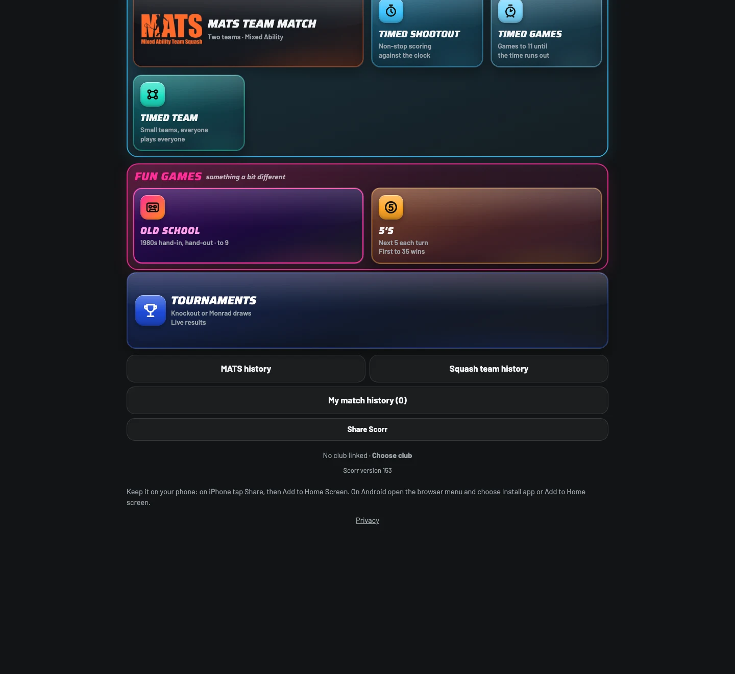 The Scorr app's home screen showing squash match types, timed games, fun games and the tournaments section