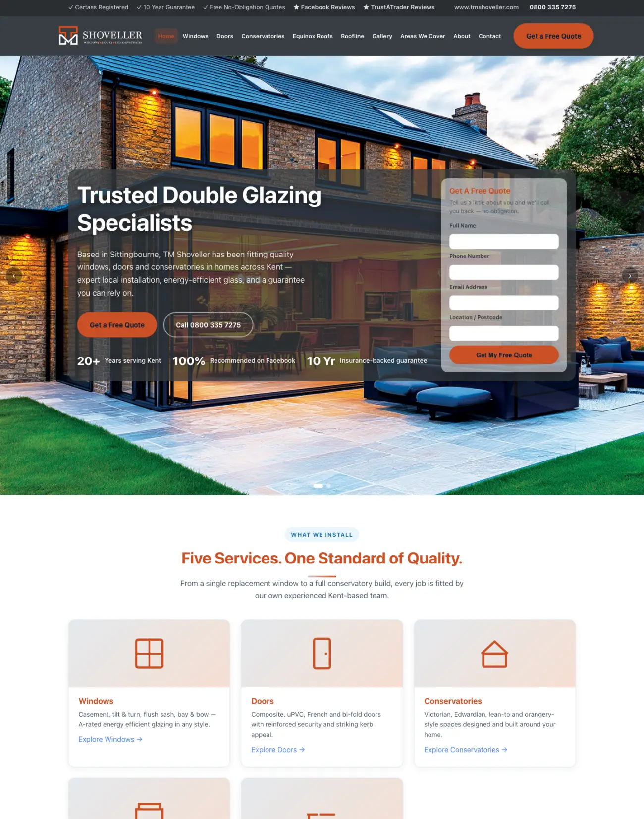 Home page of the TM Shoveller website with the hero image, trust bar and free quote form