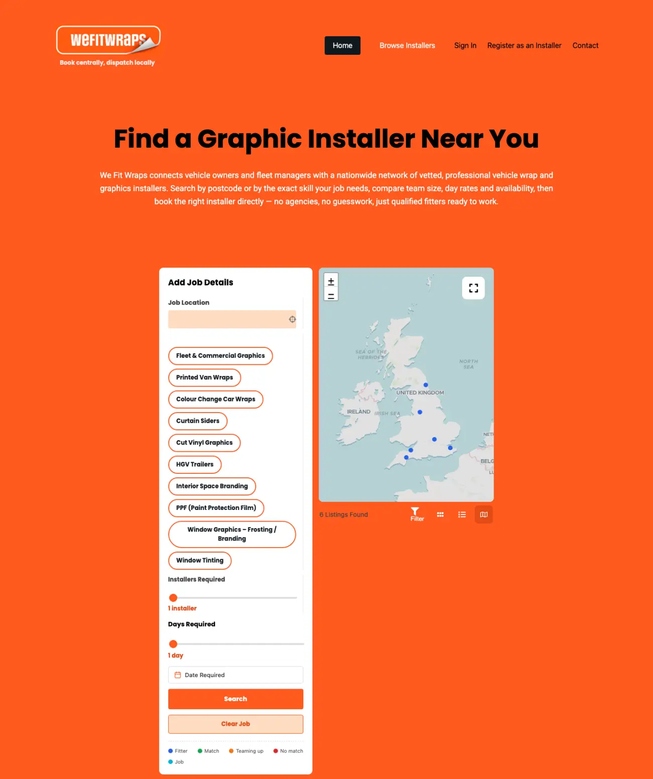 Home page of the We Fit Wraps website with the installer search form and map