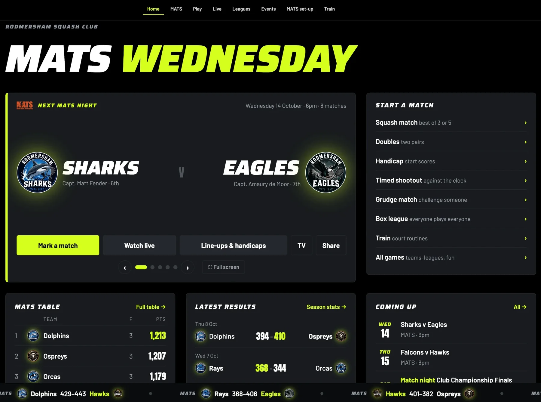 Scorr club home screen showing the next team match night with captains and team badges, buttons to mark the match, watch live and see line-ups, a menu of match types, the team league table, latest results and upcoming fixtures